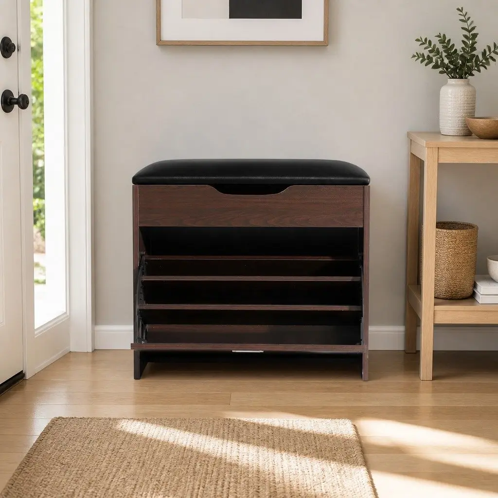 Shoe Storage Cabinet Bench 3-Tier Adjustable Shelves Walnut