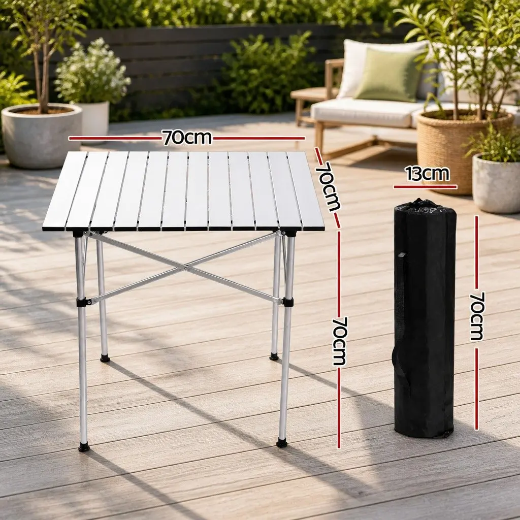 Folding Camping Table Lightweight Portable Roll Up Aluminium 70CM Silver
