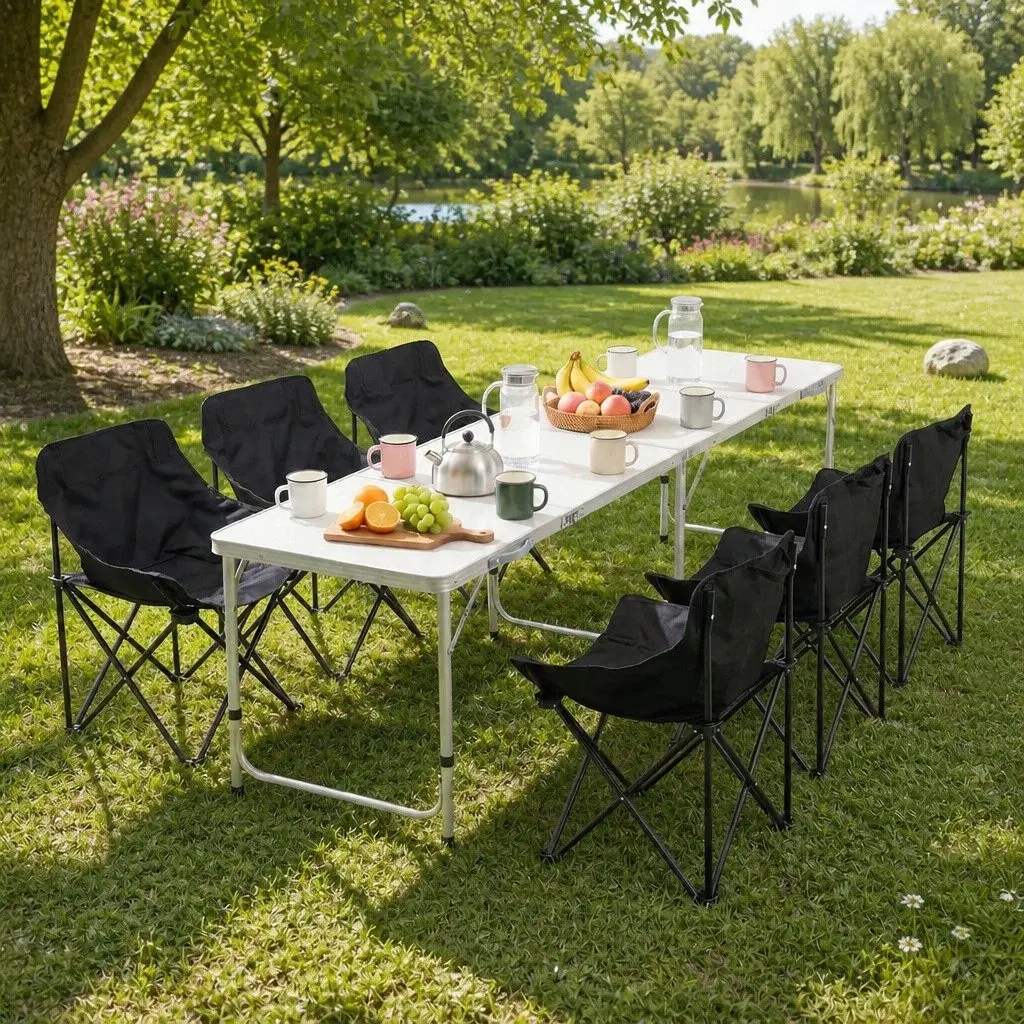 Camping Table Chair Set 7-Piece Outdoor Folding Portable Picnic Furniture Black