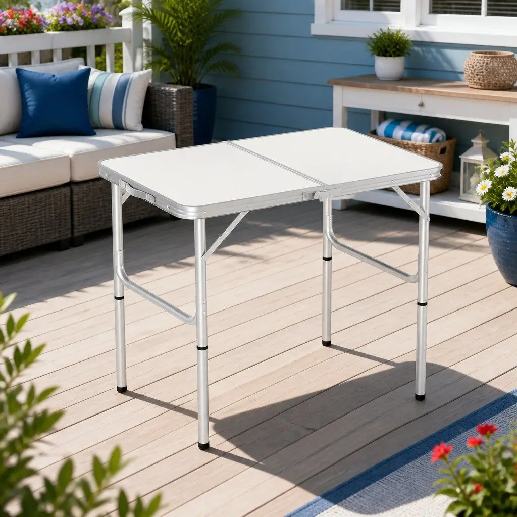 Folding Camping Table 90cm Adjustable Height Portable Picnic Outdoor Desk