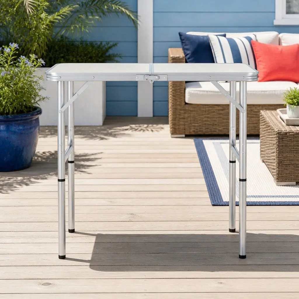 Folding Camping Table Adjustable Height 90cm Silver Portable Picnic Outdoor Desk