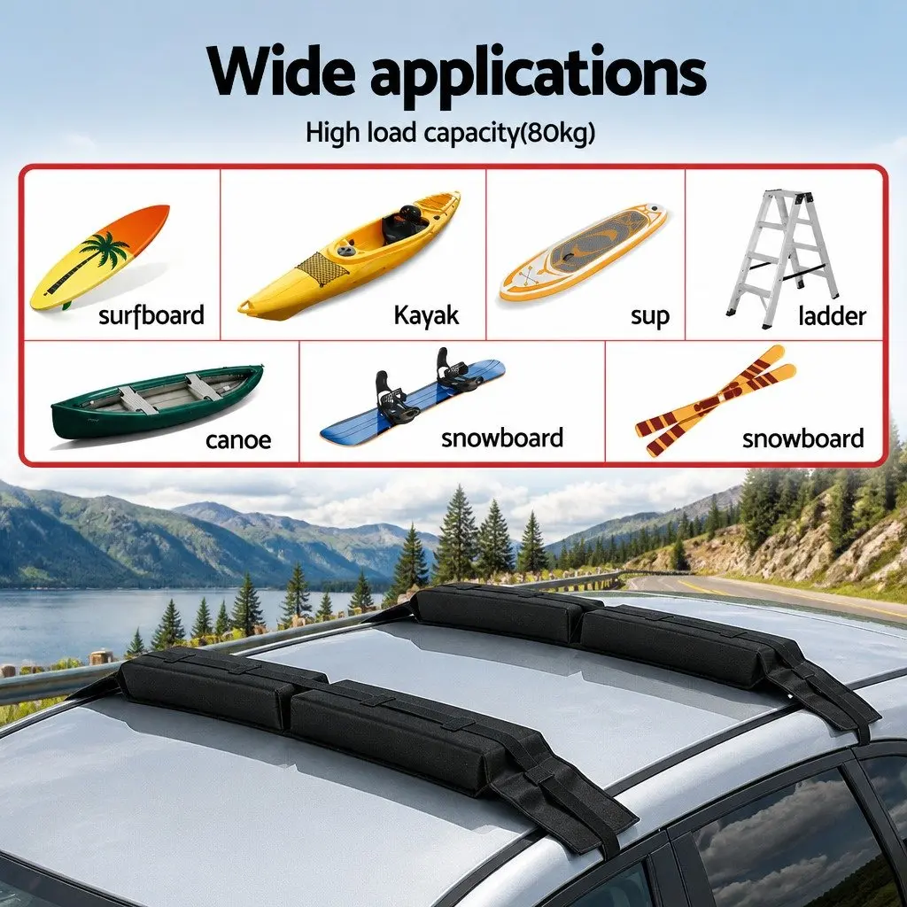 Soft Roof Rack Pads for Kayak Surfboard SUP Canoe Portable Cross Bars Black 120cm x 10cm x 6.5cm