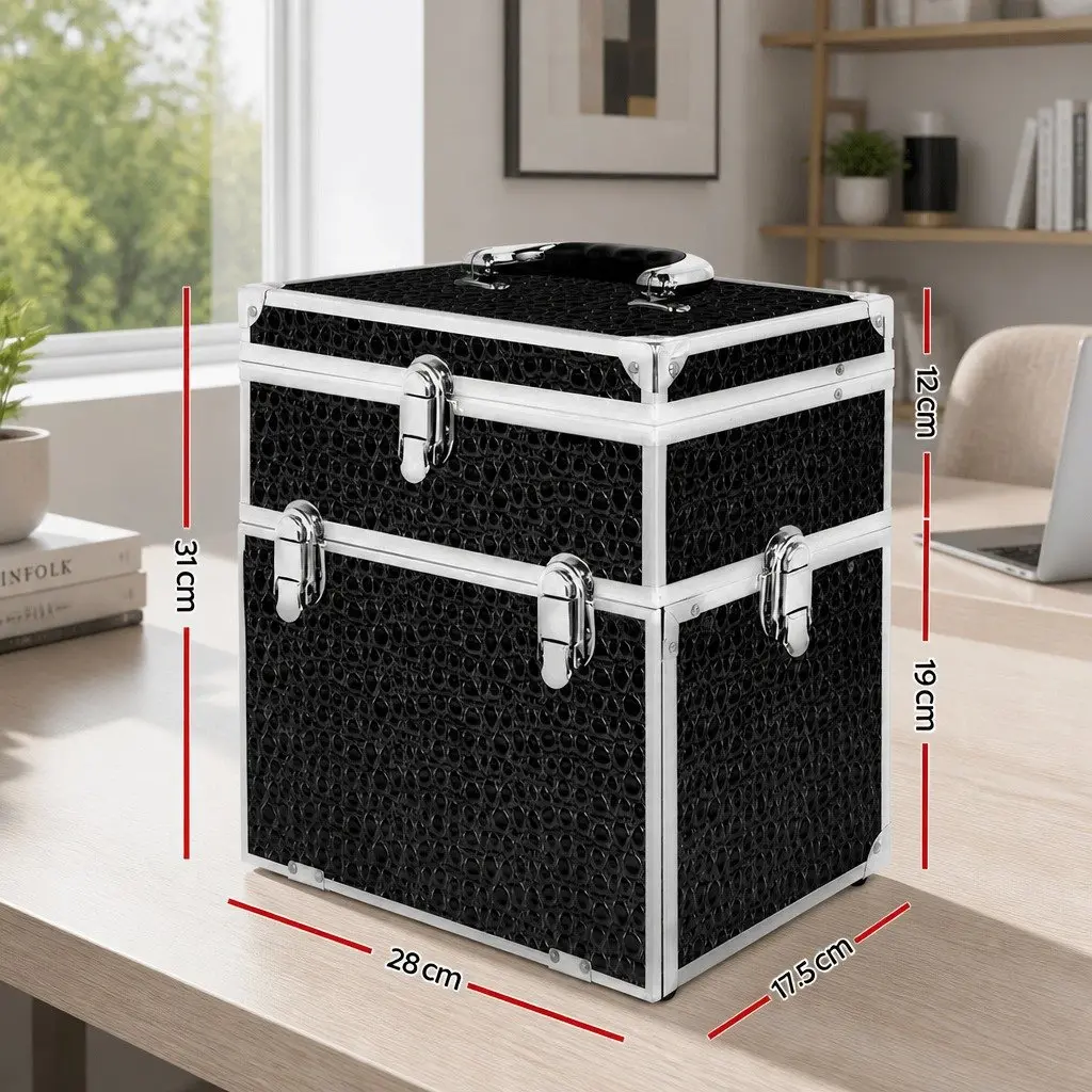 Cosmetic Makeup Carry Case Portable with Mirror Crocodile Black Aluminium Frame