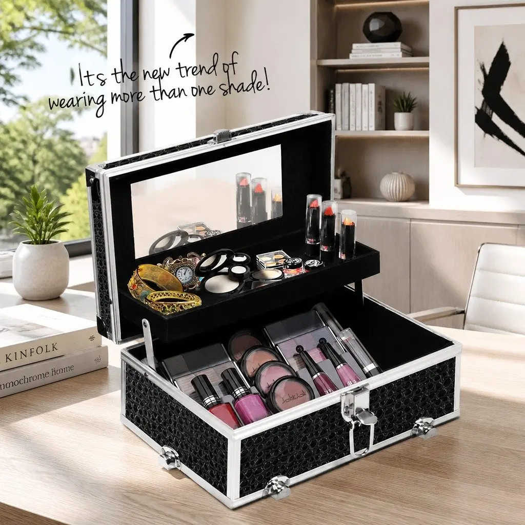Cosmetic Makeup Carry Case Portable with Mirror Crocodile Black Aluminium Frame