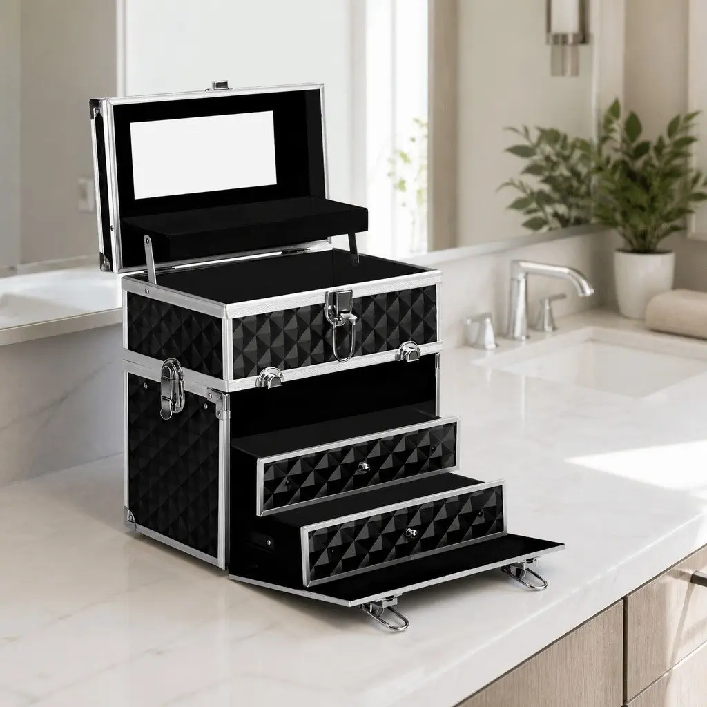 Cosmetic Makeup Case Portable Organizer with Mirror Diamond Black 28x17.5x31cm