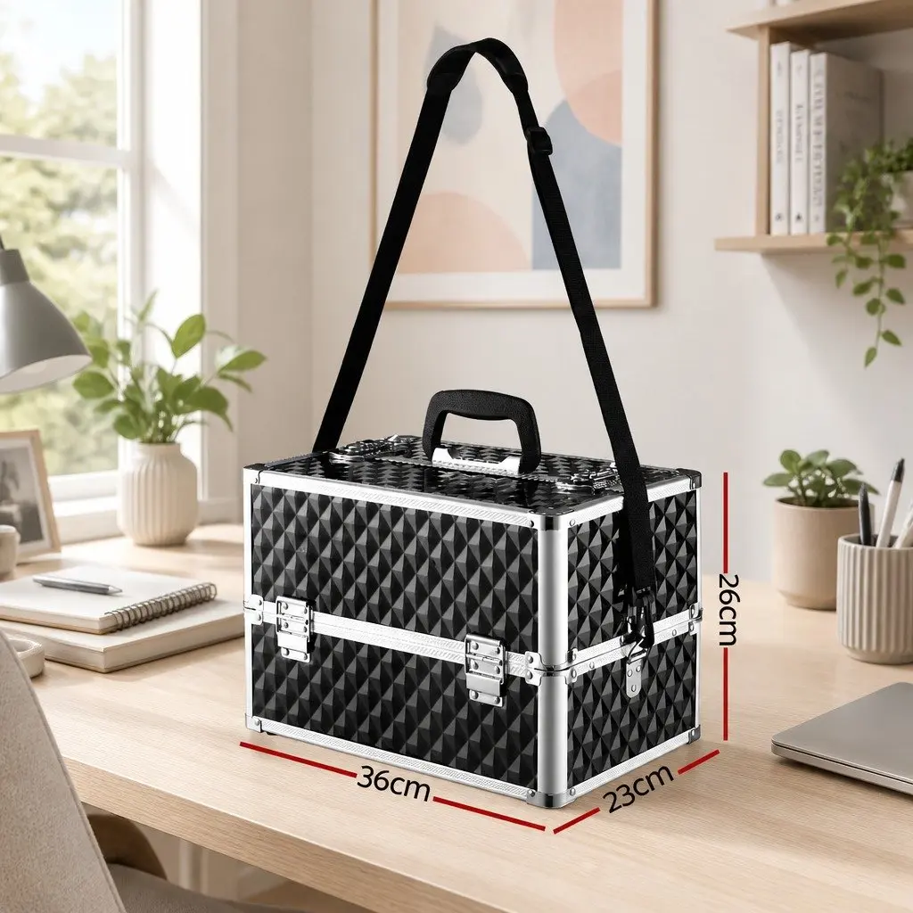 Cosmetic Makeup Case Portable Storage Organiser Adjustable Dividers Diamond Black