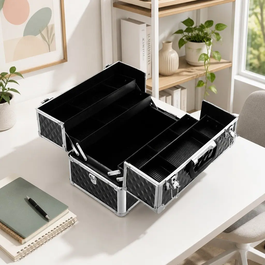Cosmetic Makeup Case Portable Storage Organiser Adjustable Dividers Diamond Black