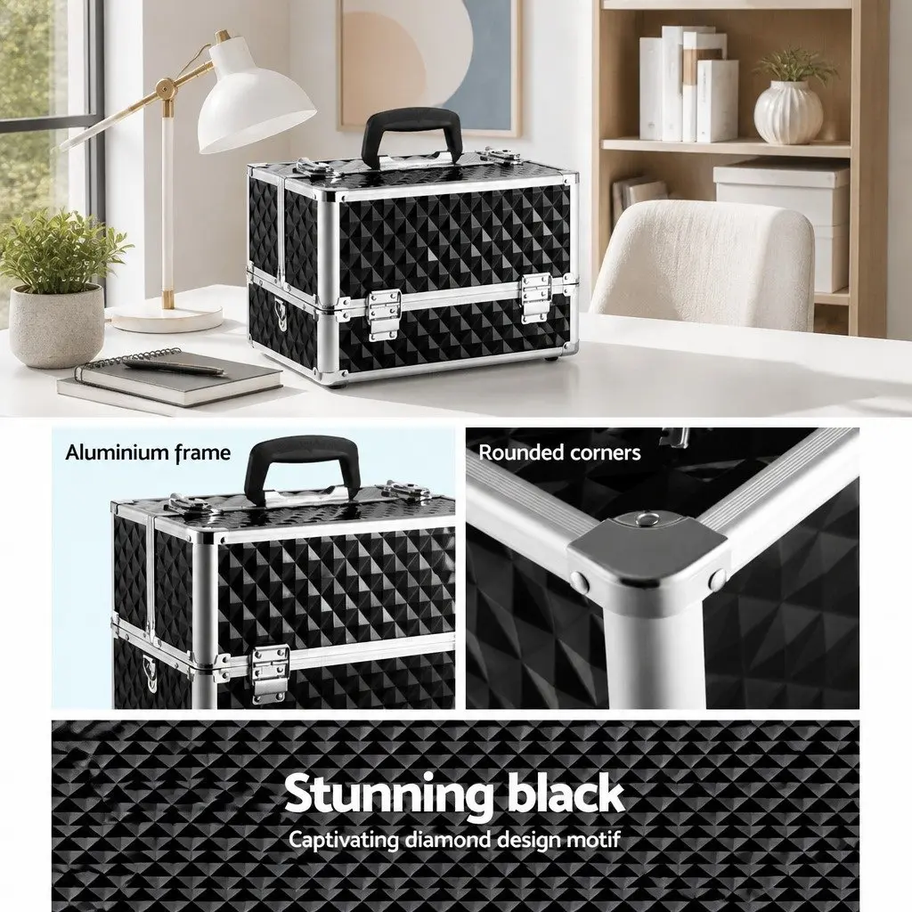 Cosmetic Makeup Case Portable Storage Organiser Adjustable Dividers Diamond Black