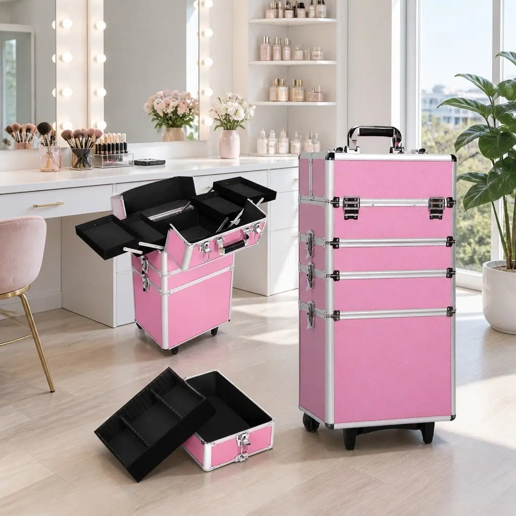 Makeup Case 7-in-1 Portable Beauty Trolley Organiser Box Travel Pink
