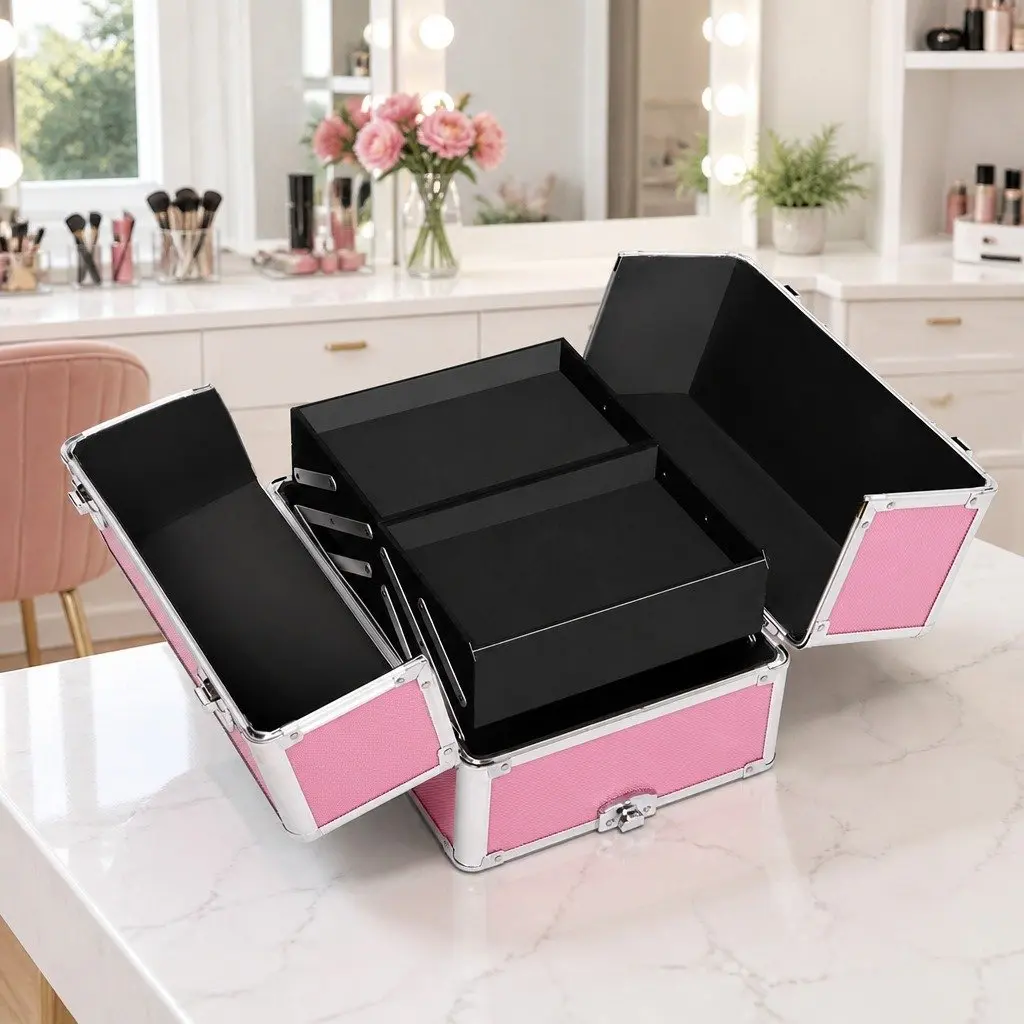 Makeup Case 7-in-1 Portable Beauty Trolley Organiser Box Travel Pink