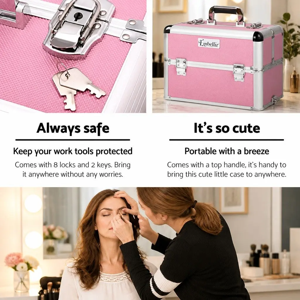 Makeup Case 7-in-1 Portable Beauty Trolley Organiser Box Travel Pink