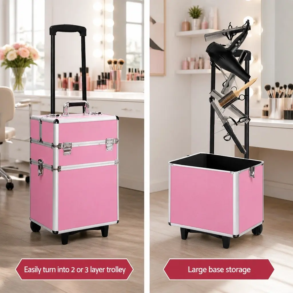 Makeup Case 7-in-1 Portable Beauty Trolley Organiser Box Travel Pink