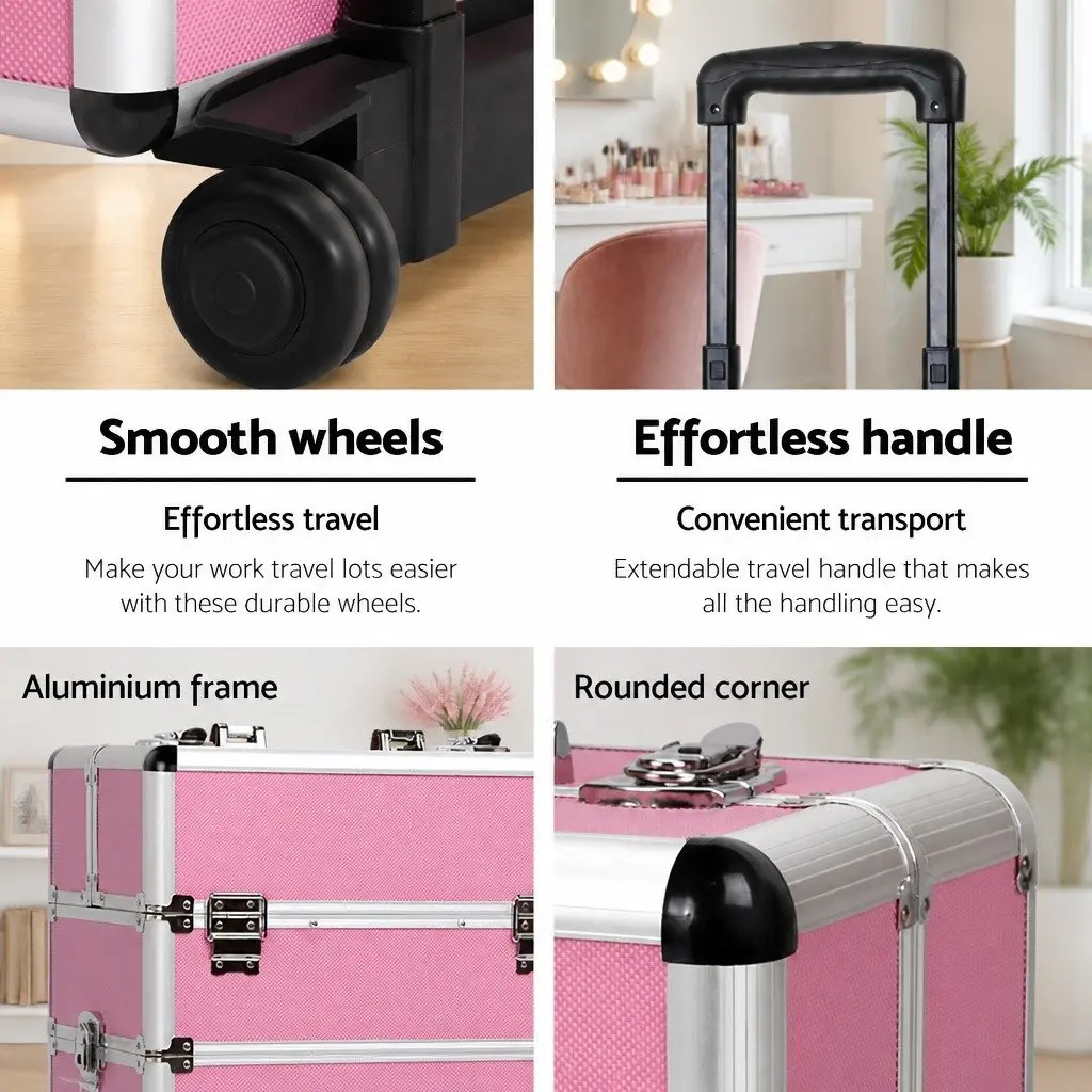 Makeup Case 7-in-1 Portable Beauty Trolley Organiser Box Travel Pink