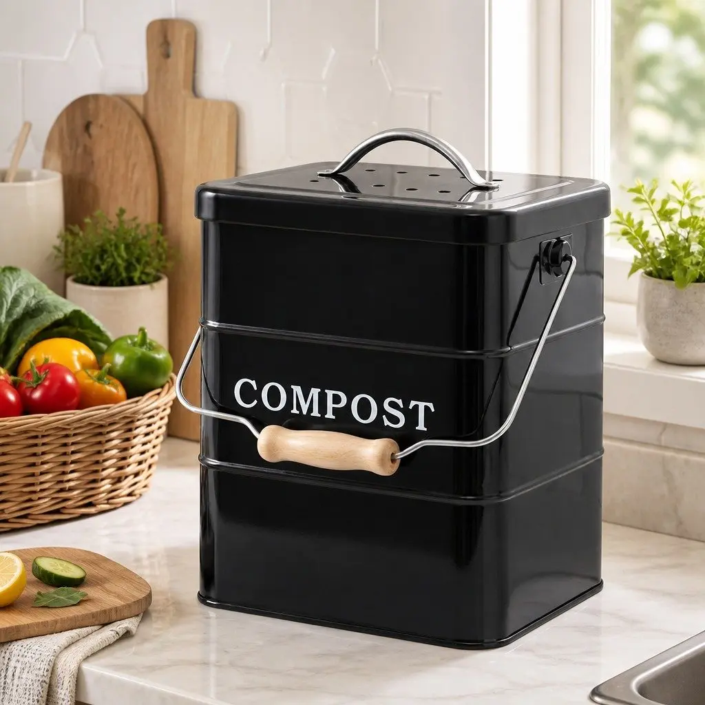 Compost Bin Ventilated Odour Reducing 5L Black Galvanized Iron Countertop Kitchen Waste Caddy
