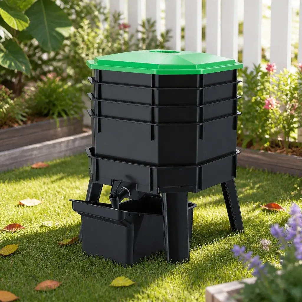 Compost Bin Stackable Worm Farm 4-Tray Ventilated Black Green