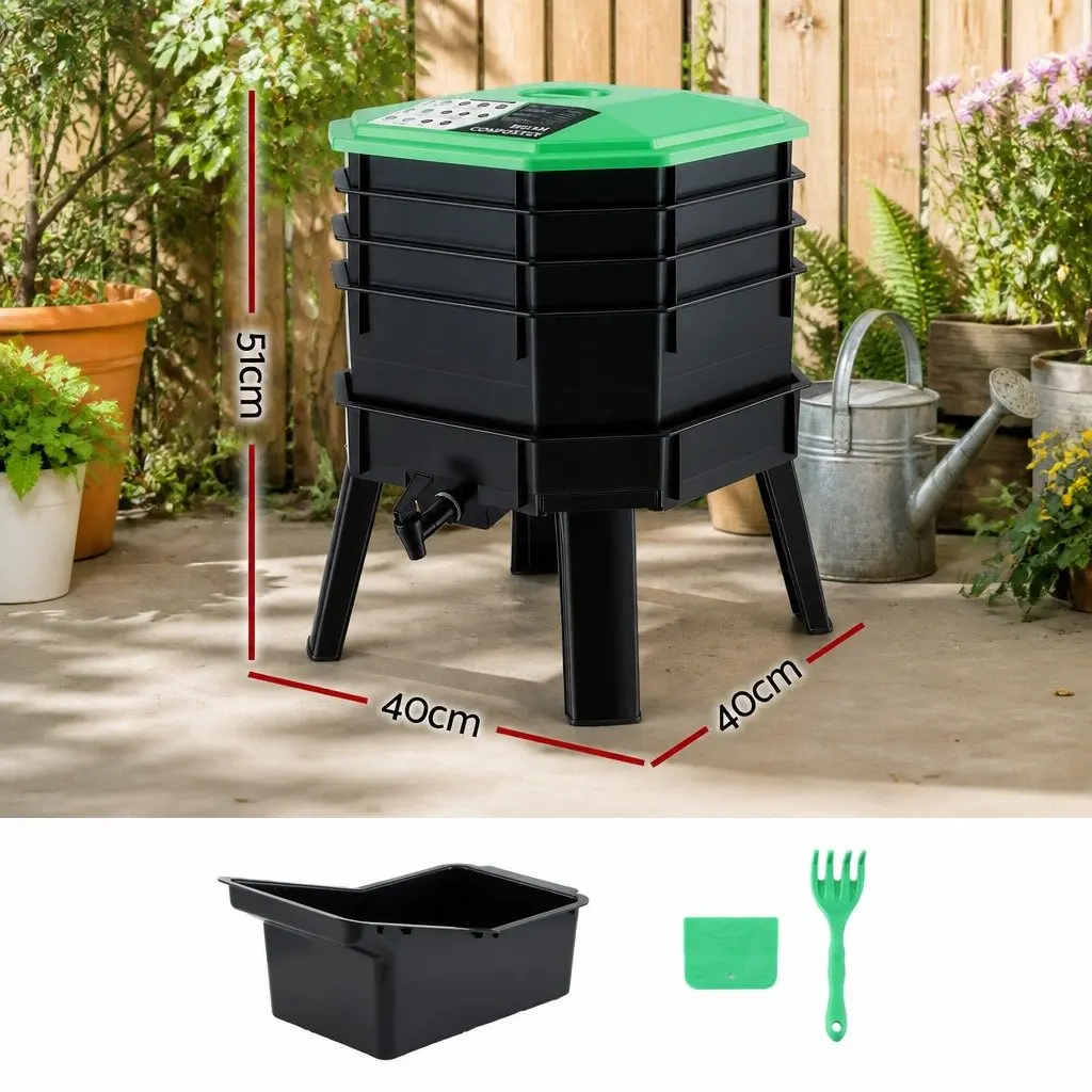 Compost Bin Stackable Worm Farm 4-Tray Ventilated Black Green