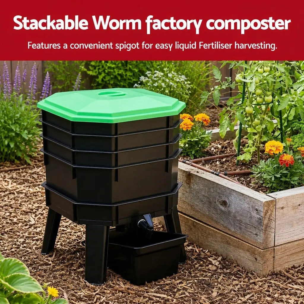 Compost Bin Stackable Worm Farm 4-Tray Ventilated Black Green