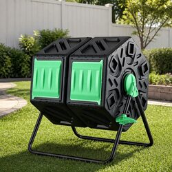 Dual-Chamber Compost Bin 130L Rotating Tumbler Garden Waste Composter Backyard