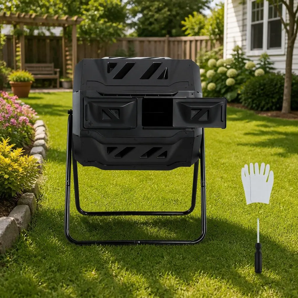 Dual-Chamber Compost Bin Tumbler 160L Rotating Black Garden Waste Composter