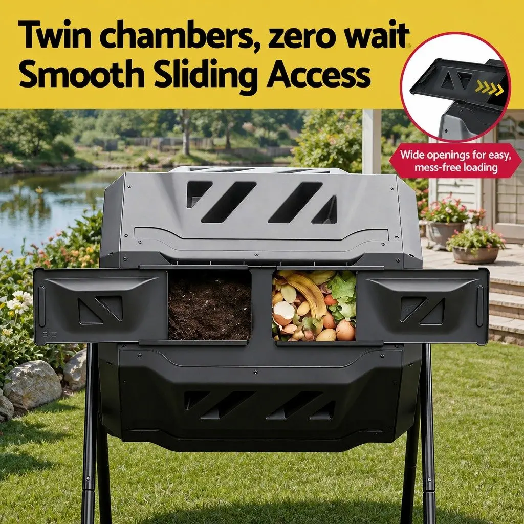 Dual-Chamber Compost Bin Tumbler 160L Rotating Black Garden Waste Composter