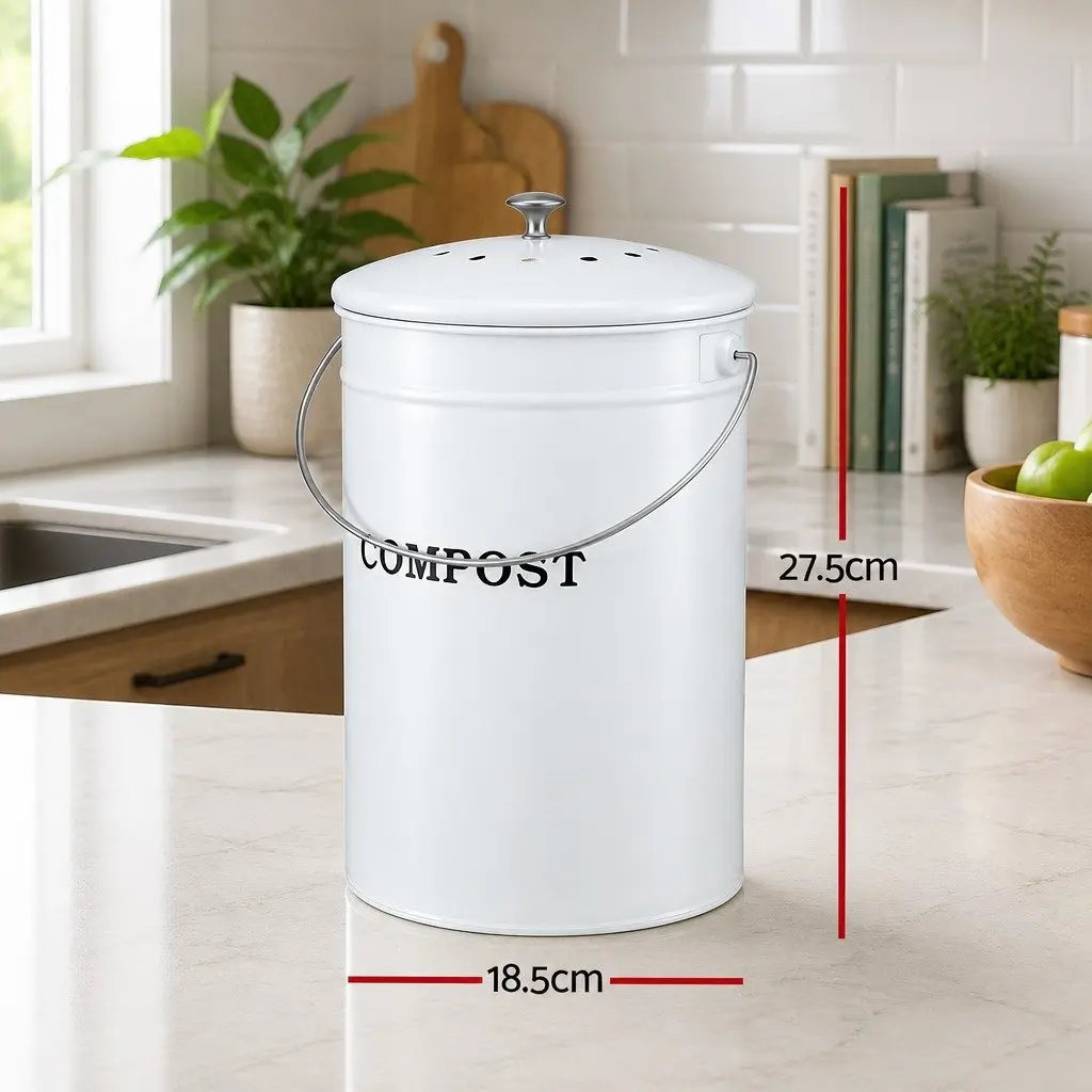Kitchen Compost Caddy 6L Ventilated Lid White Galvanized Iron Countertop Food Waste Bin