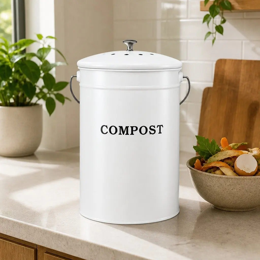 Kitchen Compost Caddy 6L Ventilated Lid White Galvanized Iron Countertop Food Waste Bin