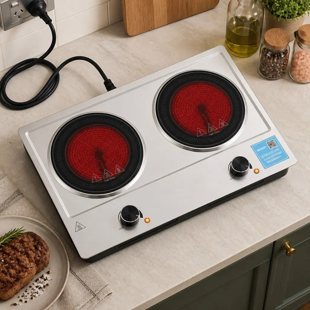 Electric Ceramic Cooktop 2 Zones Infrared Knob Control 2400W Silver