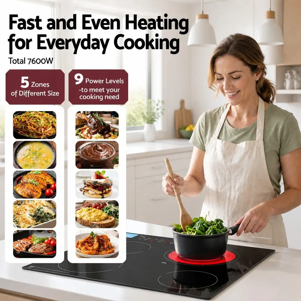Ceramic Cooktop 5 Cooking Zone Touch Control 7600W Black Glass Surface