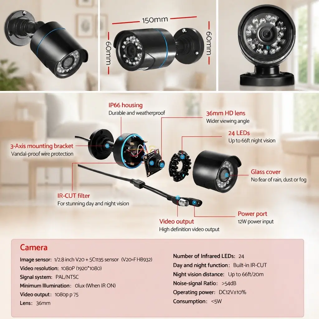4 Channel Security Camera System 1080P HD with 4 Bullet Cameras Indoor Outdoor Black