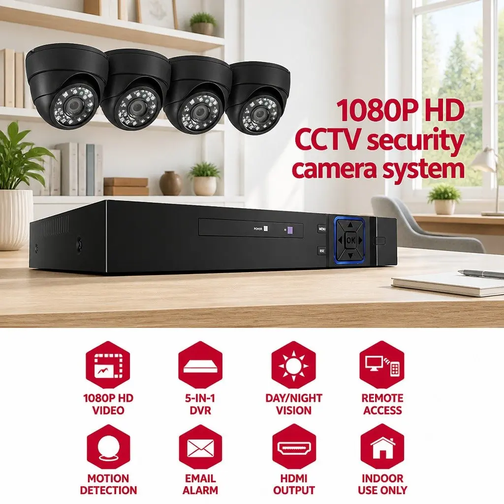 1080P Security Camera System 4 Channel Indoor Dome Cameras Black