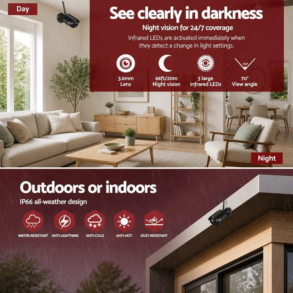 Wireless Bullet Security Camera 3MP Black Indoor Outdoor Surveillance System