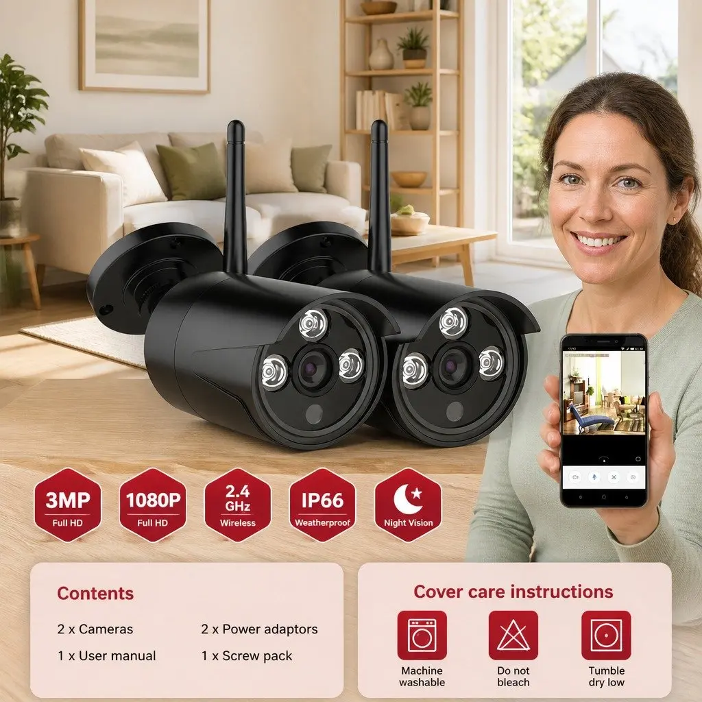 Wireless Bullet Security Camera 3MP Black Indoor Outdoor Surveillance System