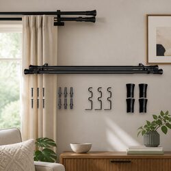Double Curtain Rod Extendable Steel Pole Black Modern Bell Cap Design Adjustable
