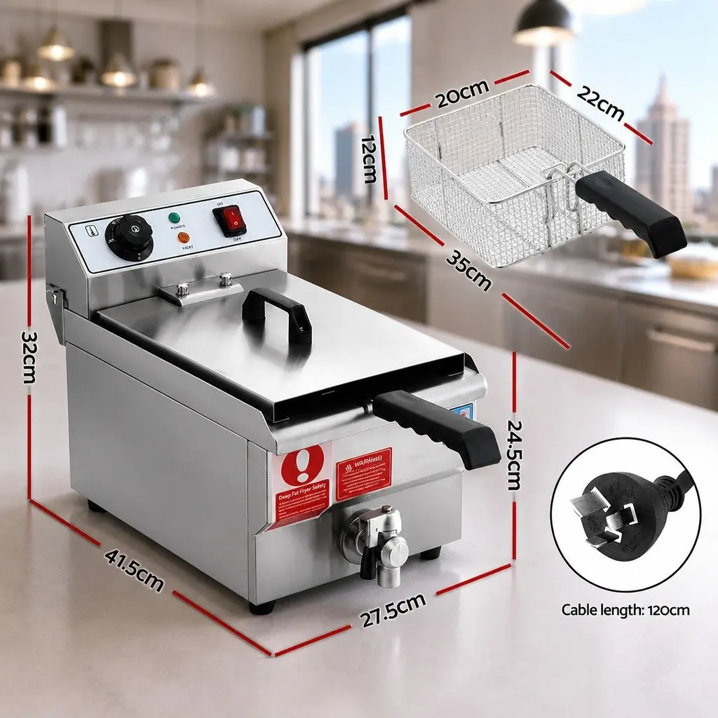 Electric Deep Fryer 10L Stainless Steel 3000W Adjustable Temperature Control Silver