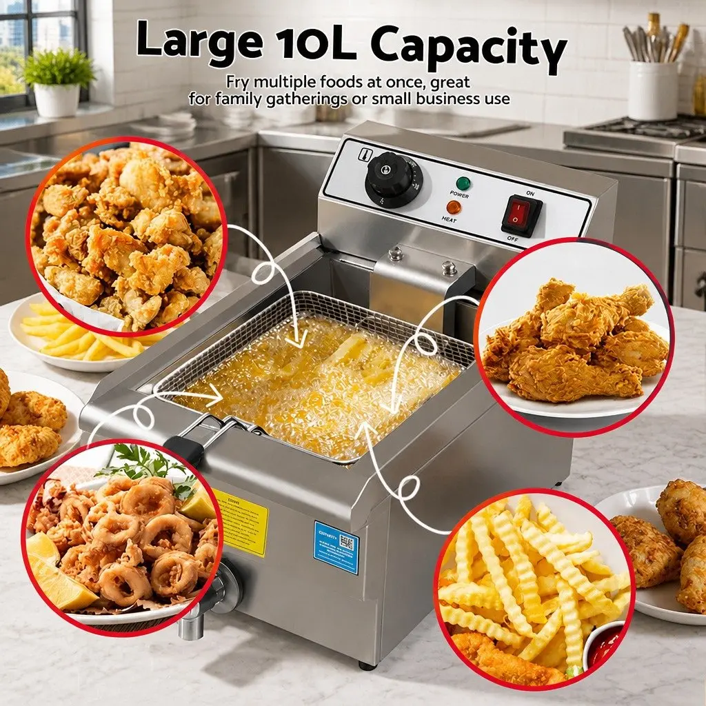 Electric Deep Fryer 10L Stainless Steel 3000W Adjustable Temperature Control Silver