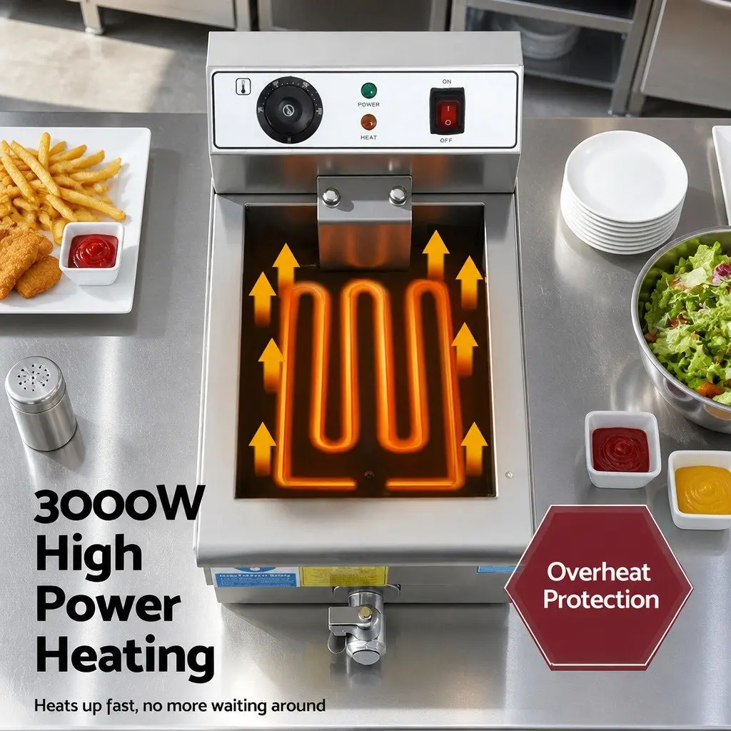 Electric Deep Fryer 10L Stainless Steel 3000W Adjustable Temperature Control Silver