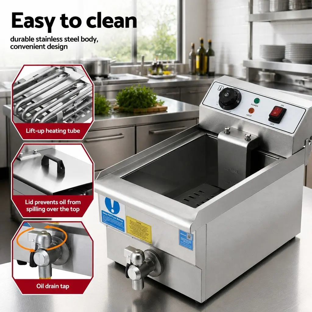 Electric Deep Fryer 10L Stainless Steel 3000W Adjustable Temperature Control Silver
