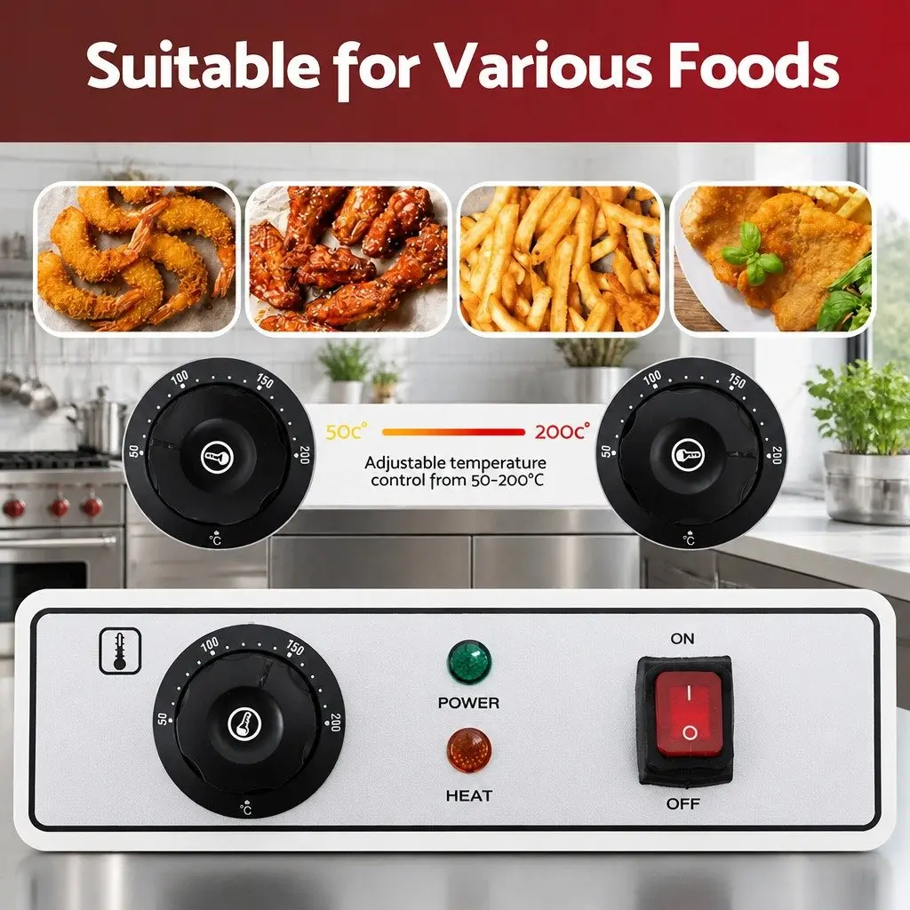 Electric Deep Fryer 10L Stainless Steel 3000W Adjustable Temperature Control Silver
