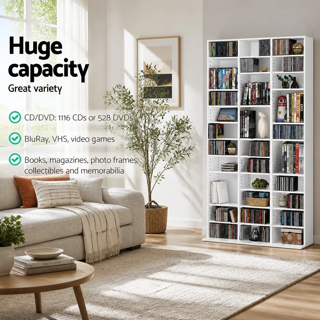 Particle Board Bookshelf Adjustable Shelves White Storage Rack for CDs DVDs Books