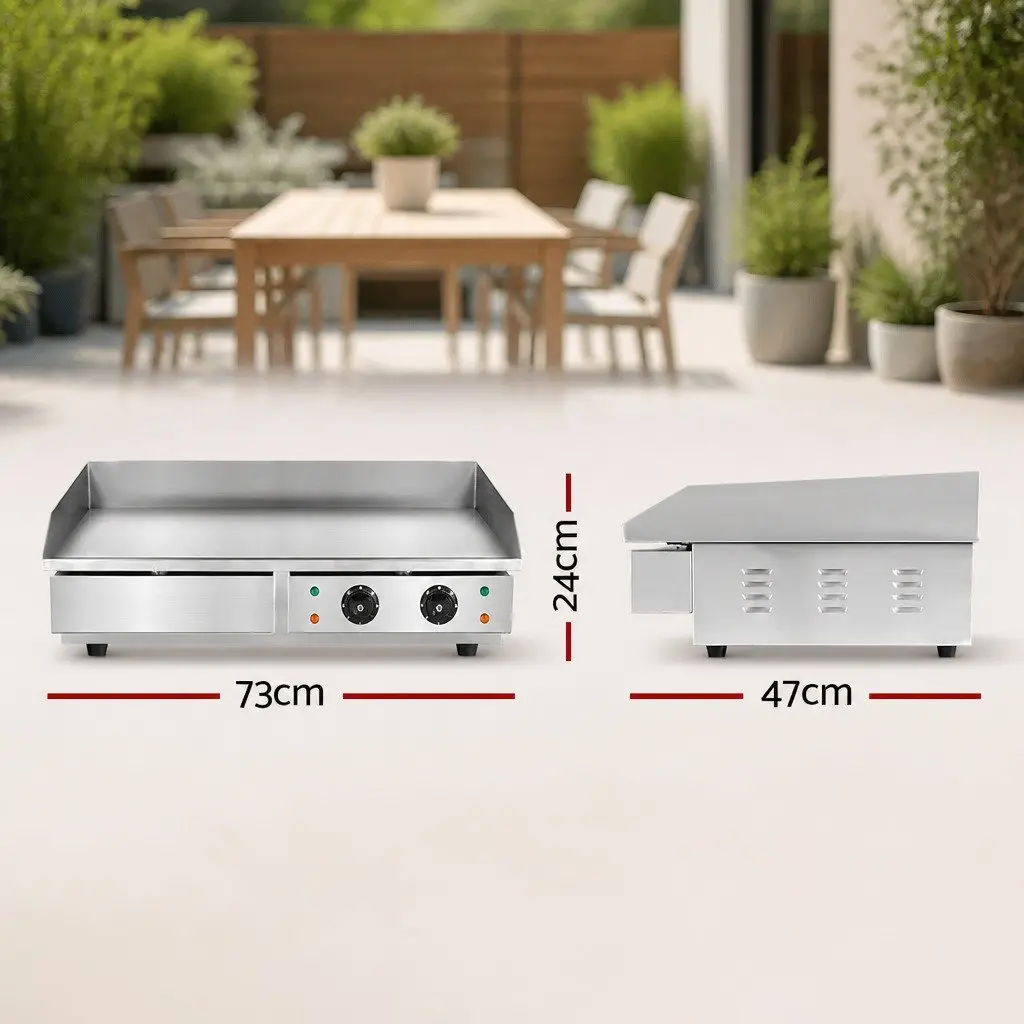 Electric Griddle Commercial Grade 73cm Flat Cooking Surface Dual Zone Temperature Control Stainless Steel Silver