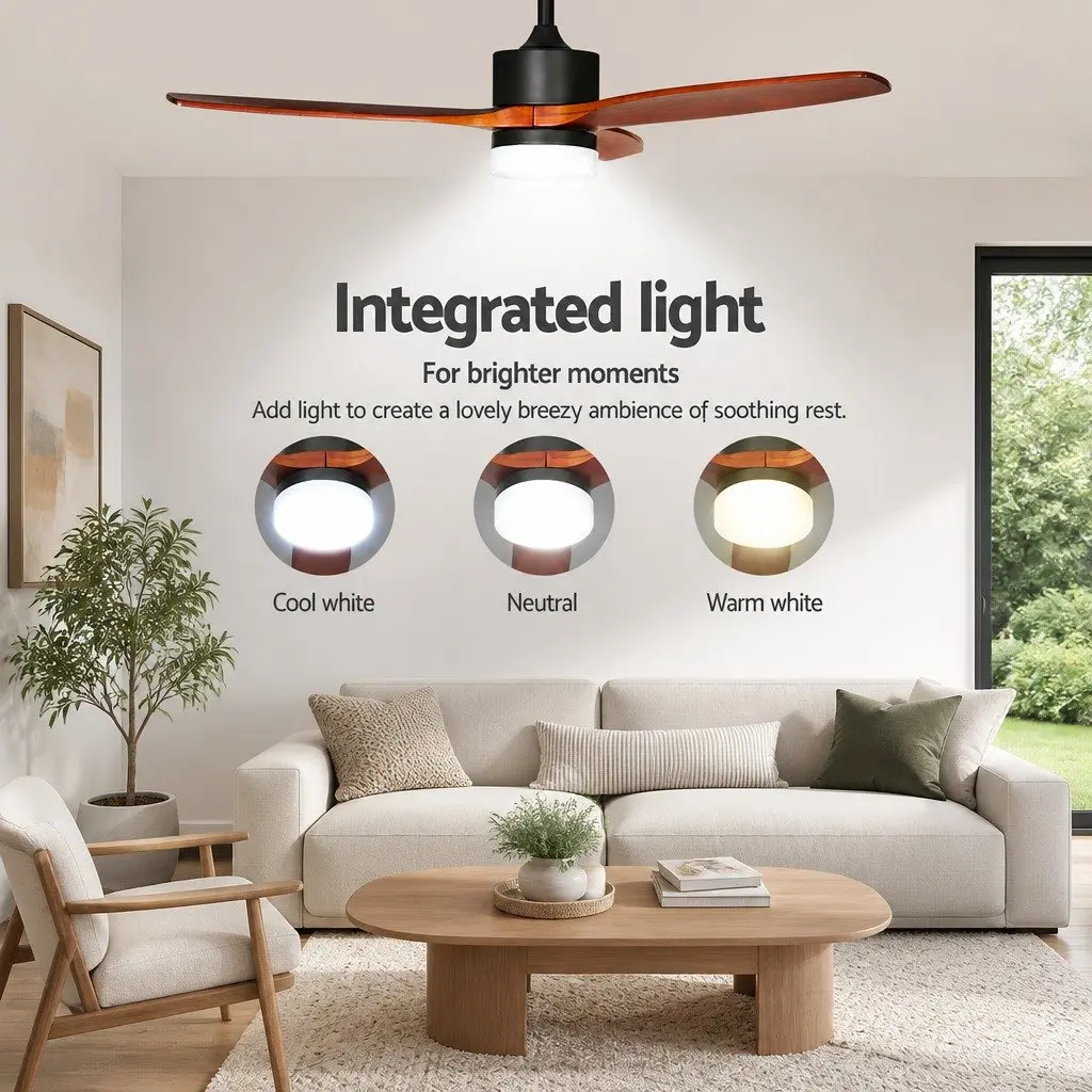 52 Inch Ceiling Fan DC Motor 3 Wooden Blades LED Light Remote Control Timer