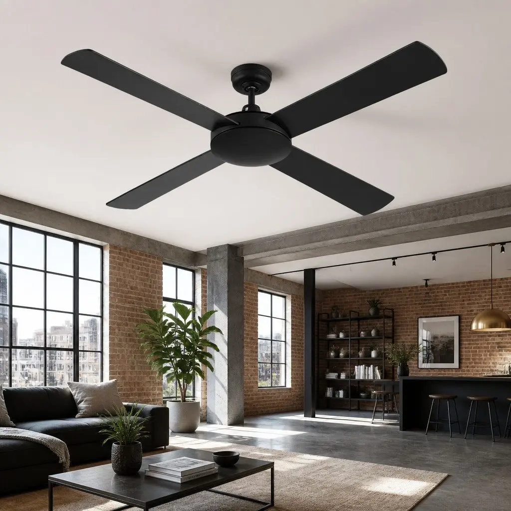 52 Inch Ceiling Fan DC Motor 4 Wooden Blades Remote Control Black Indoor