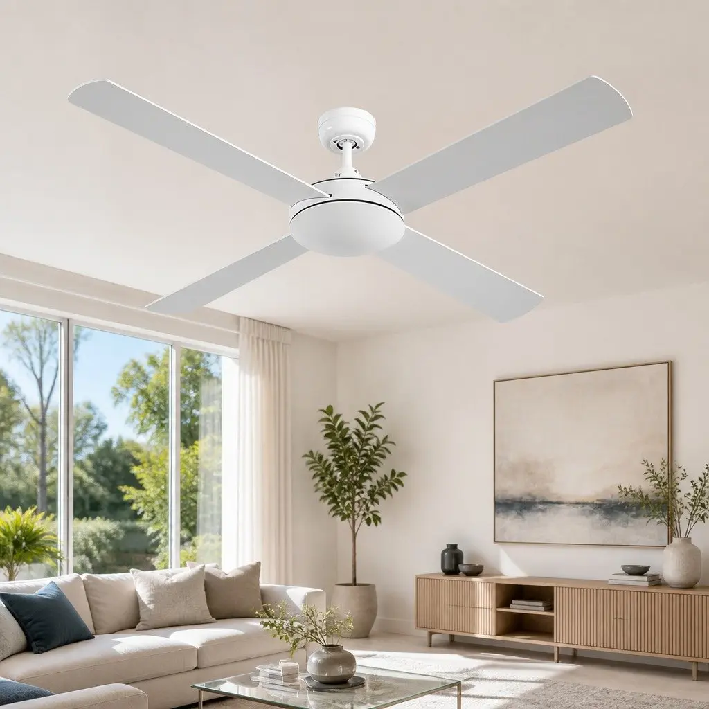 52 Inch Ceiling Fan DC Motor 4 Wooden Blades Remote Control 6 Speed White