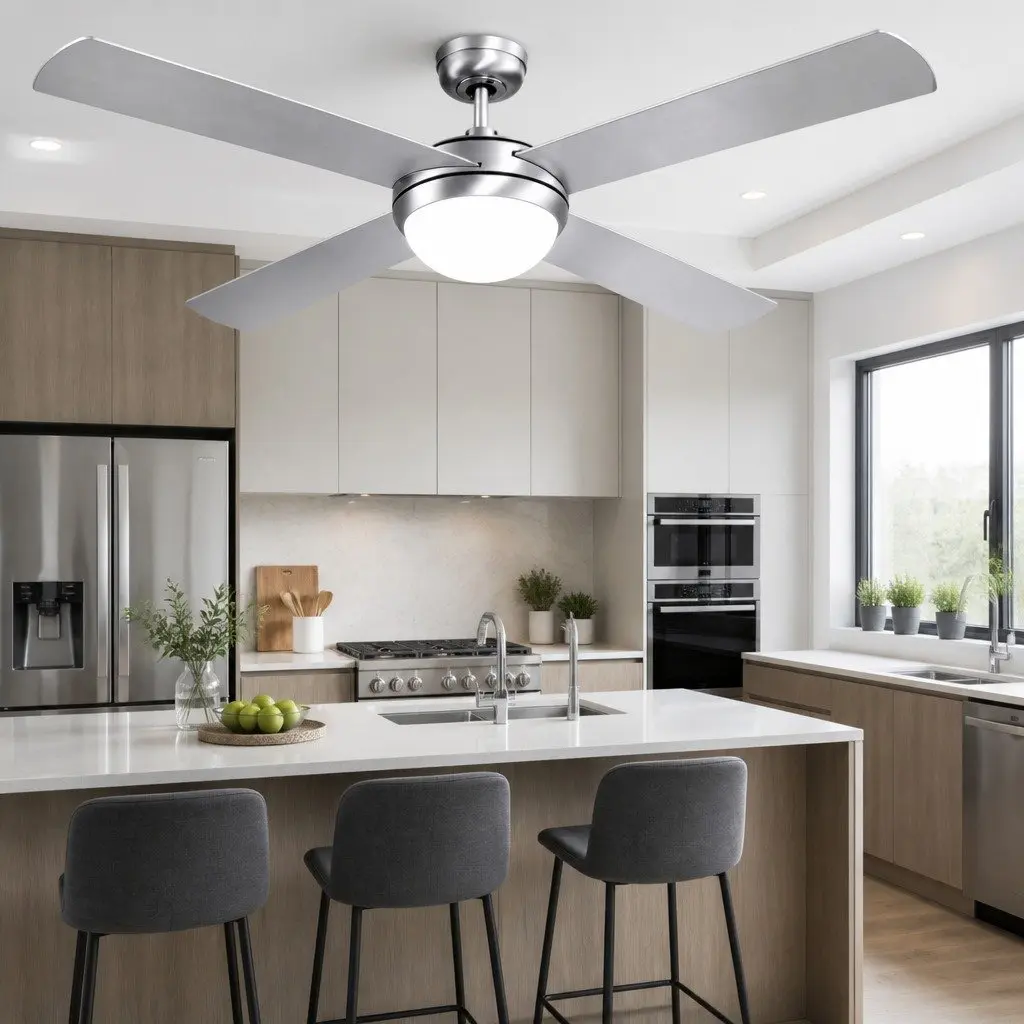 52 Inch Ceiling Fan DC Motor LED Light Remote Control Silver Indoor Outdoor