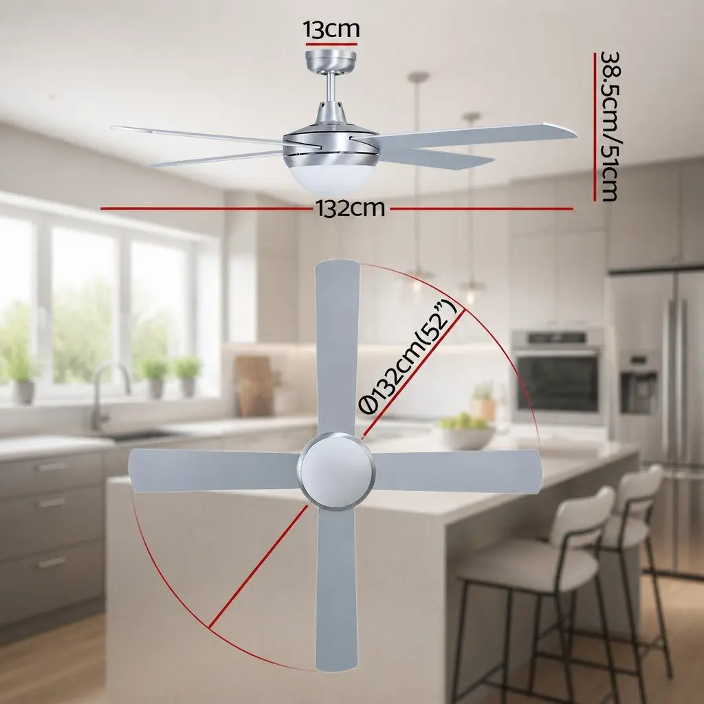 52 Inch Ceiling Fan DC Motor LED Light Remote Control Silver Indoor Outdoor