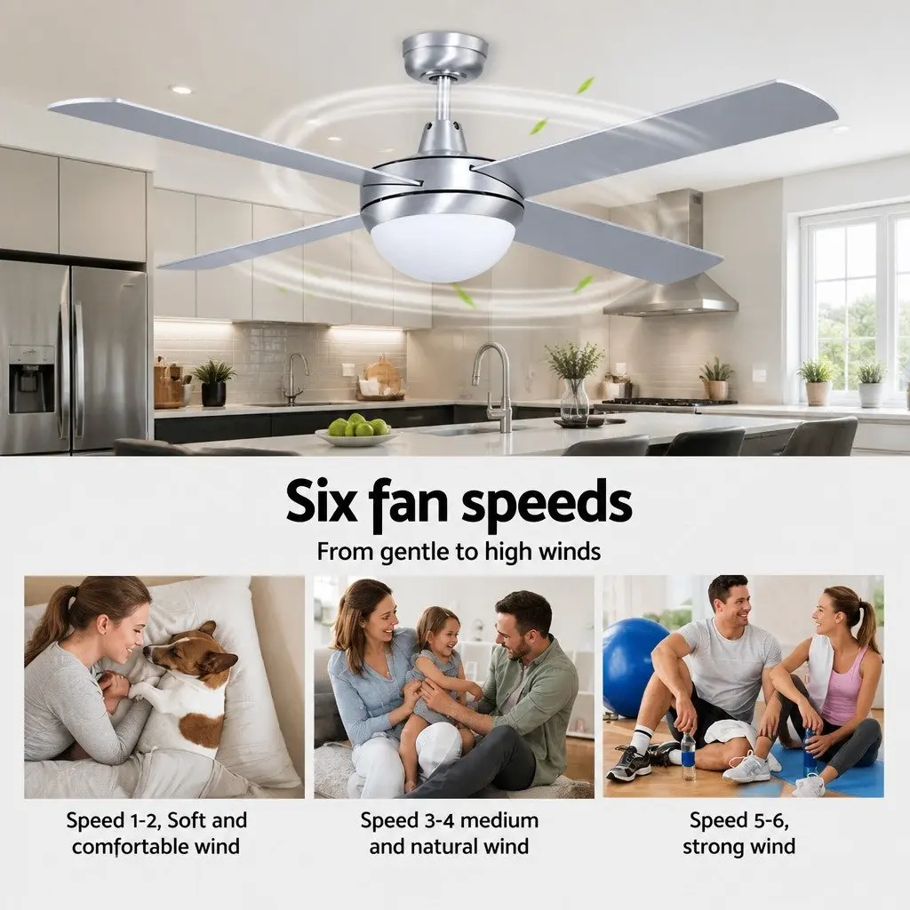 52 Inch Ceiling Fan DC Motor LED Light Remote Control Silver Indoor Outdoor