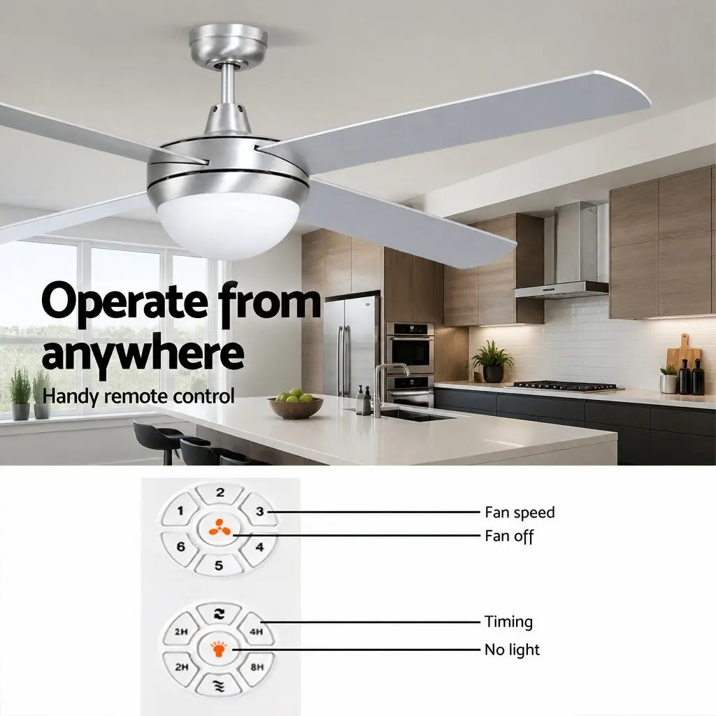 52 Inch Ceiling Fan DC Motor LED Light Remote Control Silver Indoor Outdoor