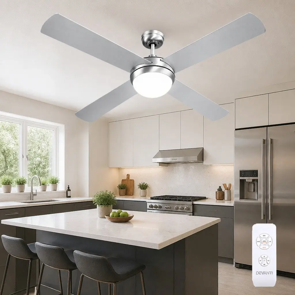 52 Inch Ceiling Fan DC Motor LED Light Remote Control Silver Indoor Outdoor