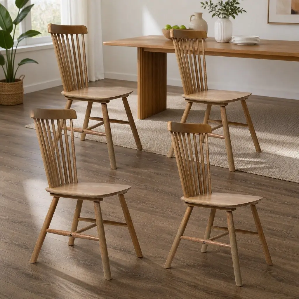 Dining Chairs Windsor Style Solid Oak Wood Frame Set of 4 Ergonomic Backrest Natural Finish