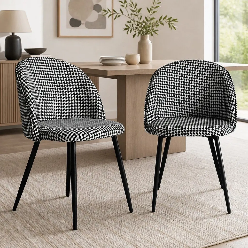 Dining Chairs Set of 6 Kitchen Cafe Seating Houndstooth Pattern Velvet